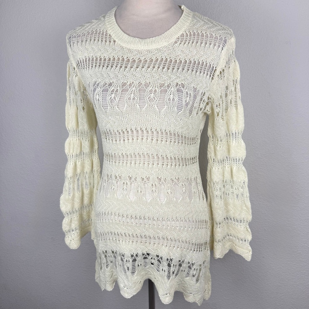 Cream Open Knit Crochet Bell Sleeve Tunic Top Scalloped Hem Boho Cute Size Med - Picture 2 of 7